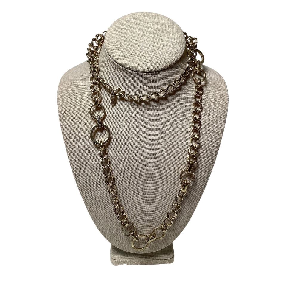 JLO Jennifer Lopez Gold Tone Chain O Ring Link Long Statement Necklace A13-24